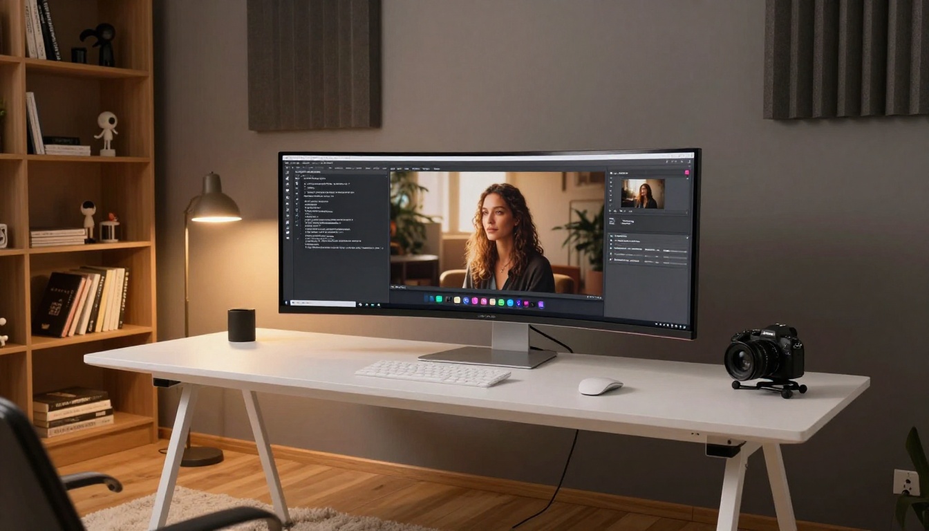 Minimalist home studio setup with split-screen showing text prompt and AI-generated portrait