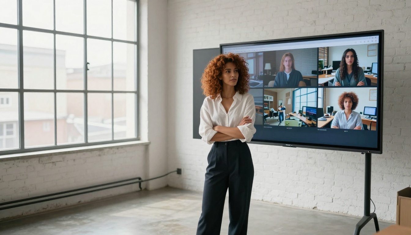 Creative professional woman reviewing AI video results in bright studio