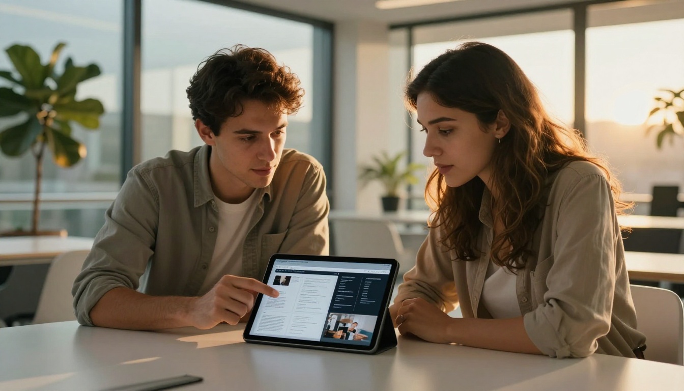 Two creative professionals collaborating over AI-generated brand identity mockups on a tablet