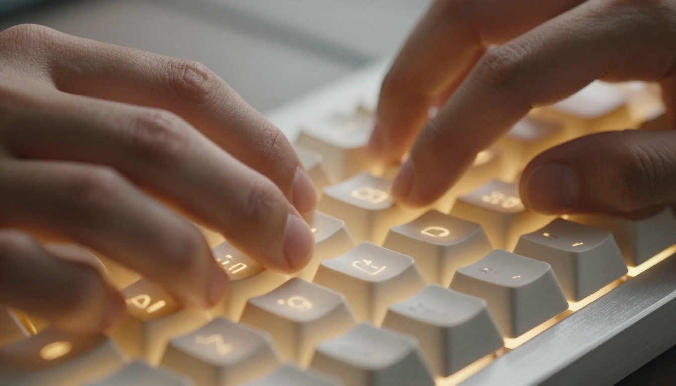 Close-up of hands typing a prompt on a mechanical keyboard