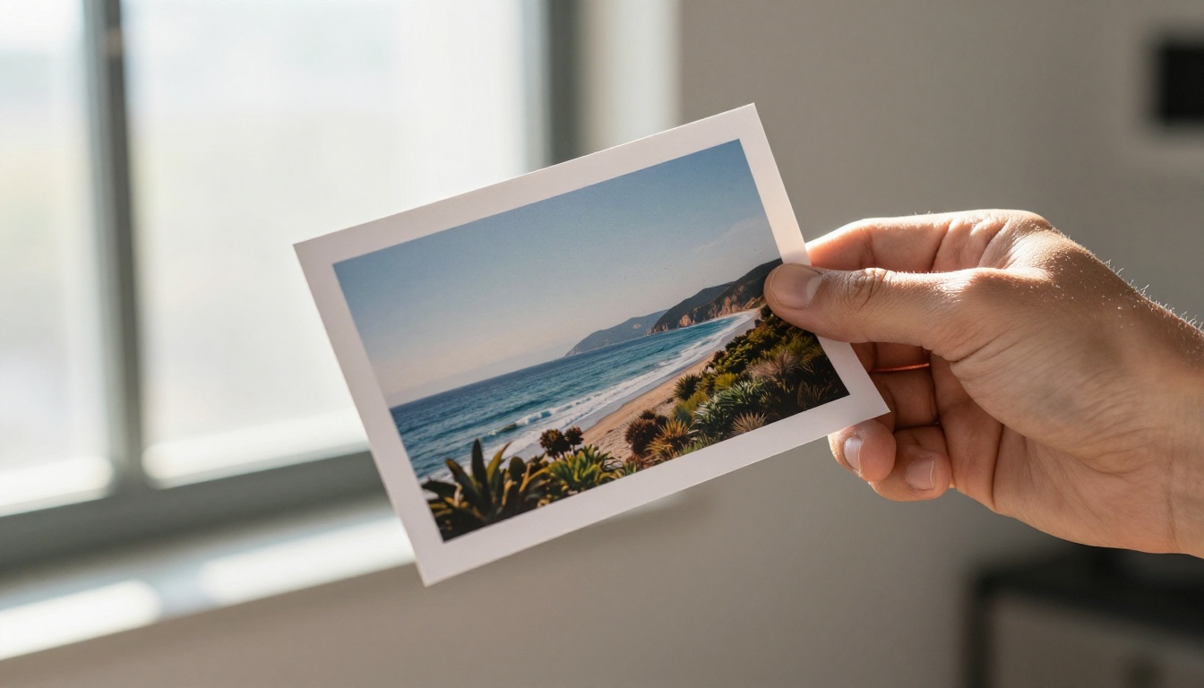 Designer's hand holding a printed AI-generated coastal photograph against a bright studio window