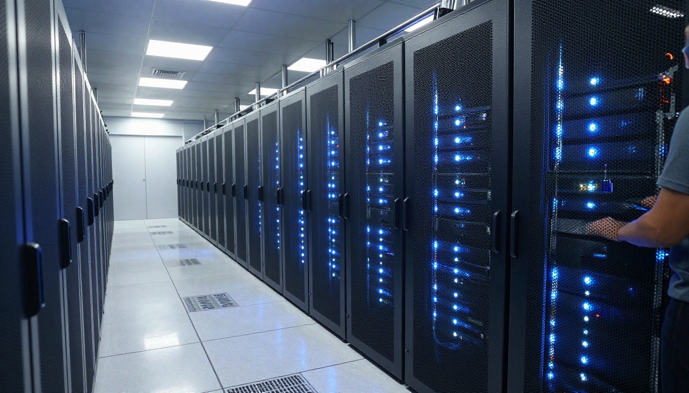 Wide-angle view inside a modern data center corridor with server racks