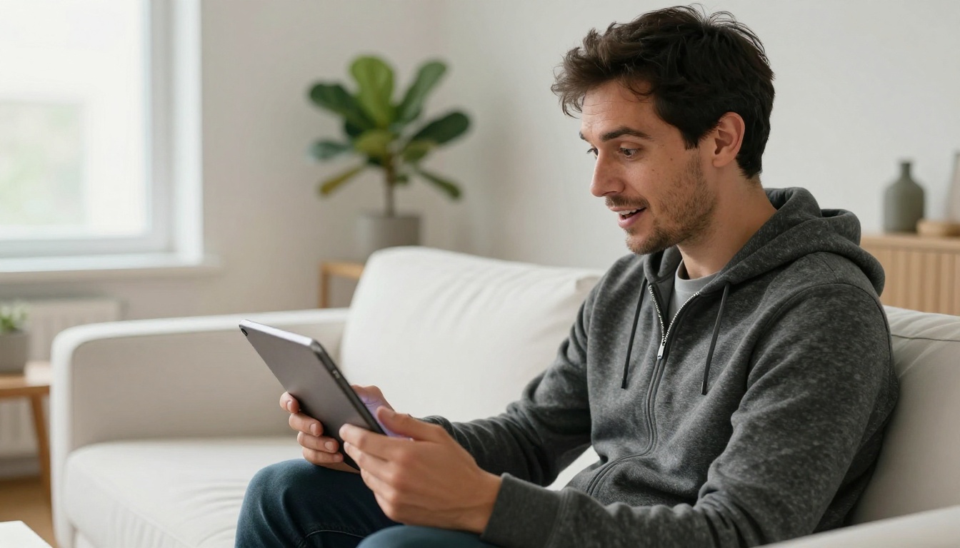 Man watching AI-generated video on tablet with an expression of surprised delight