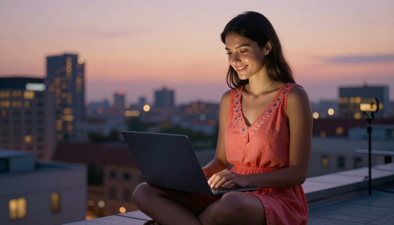 Young woman sitting on a rooftop terrace at dusk using a laptop with a city skyline behind her