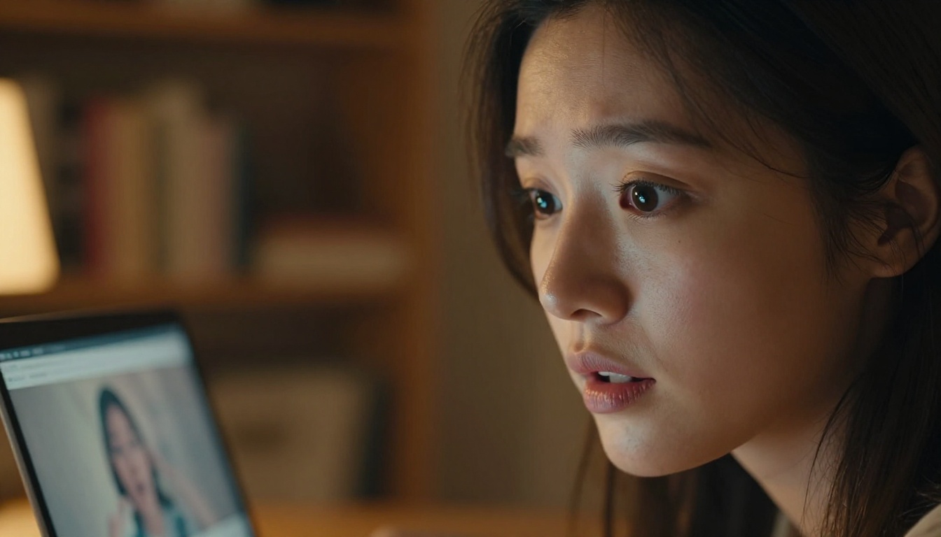 Woman amazed watching AI video results on her laptop screen