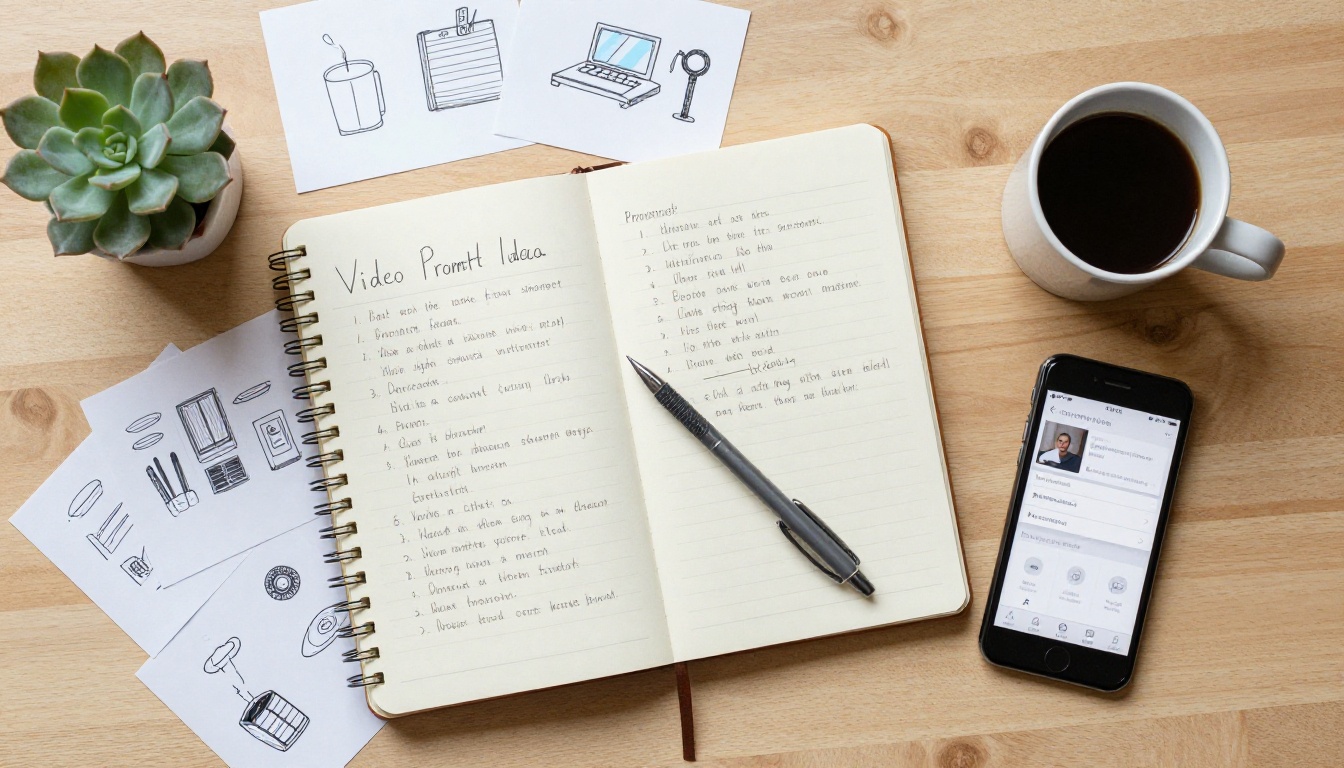 Hands typing a creative prompt on keyboard with notebook and storyboard ideas nearby