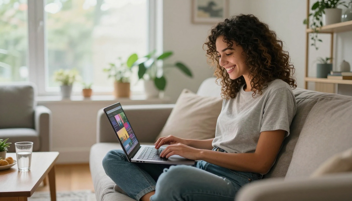 Young woman smiling at laptop screen with AI video output in bright sunlit apartment