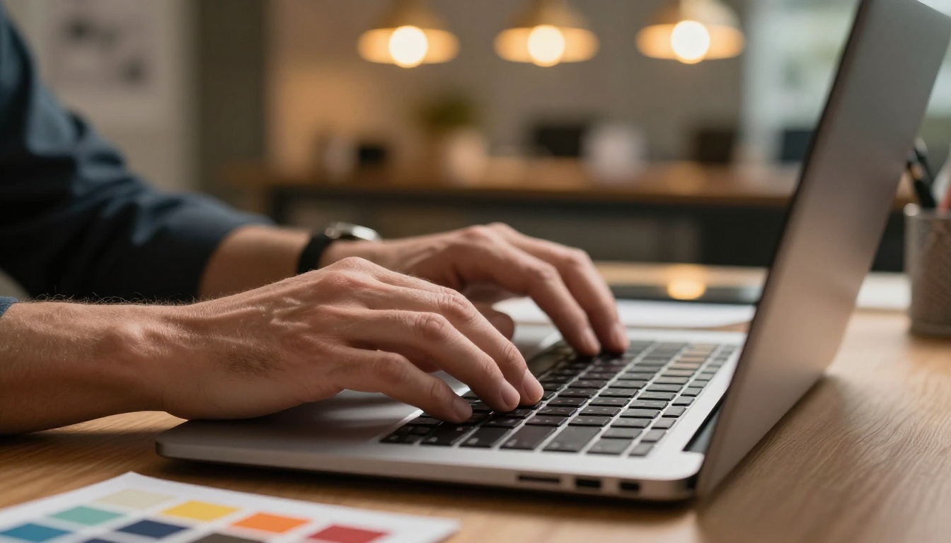 Low-angle close-up of hands typing on laptop keyboard in creative studio with warm bokeh background