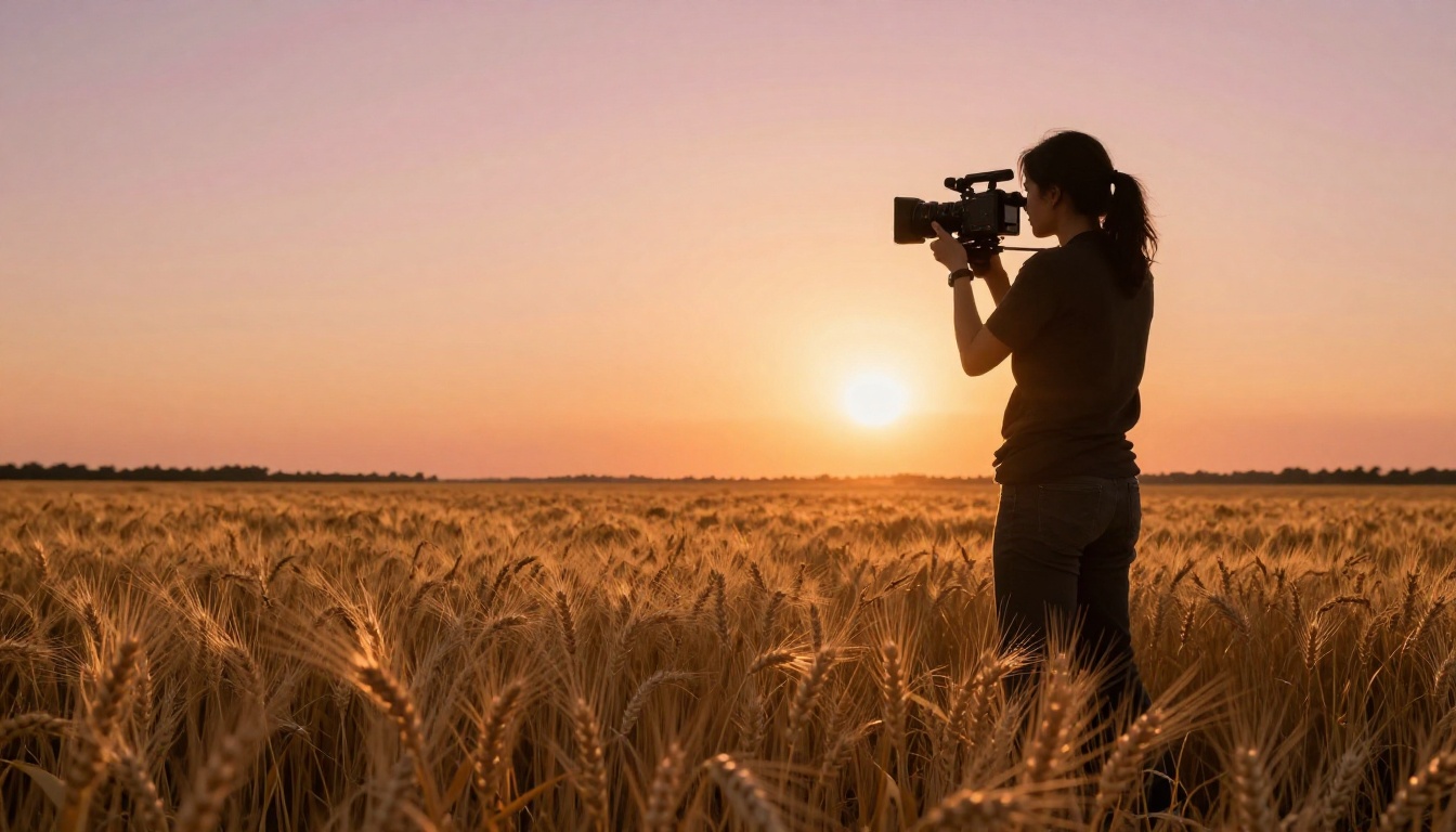 Professional filmmaker silhouetted against blazing orange sky in golden wheat field at magic hour