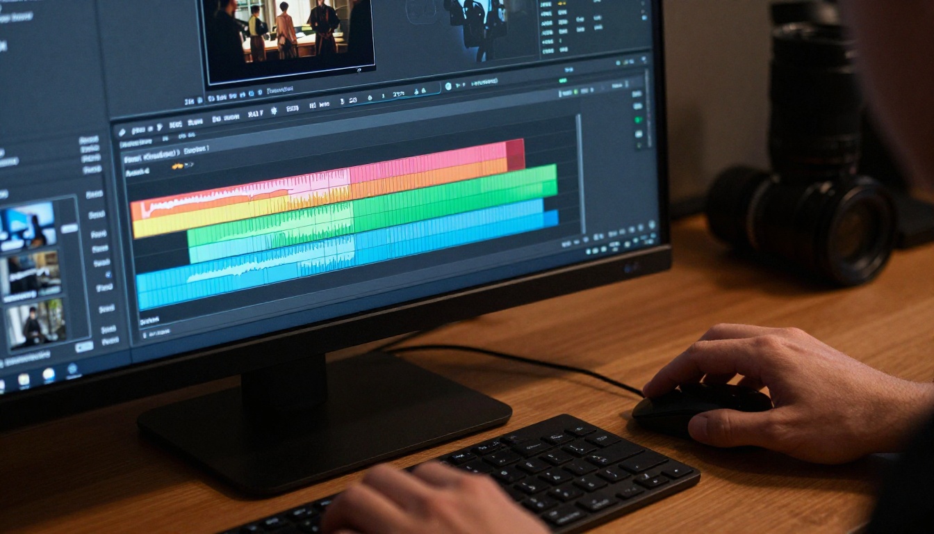 Professional monitor showing video editing timeline with colorful tracks and cinematic thumbnail previews Professional monitor showing video editing timeline with colorful tracks and cinematic thumbnail previews