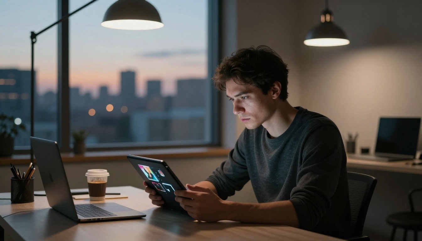 Man studying AI-generated video frames on a tablet in a dimly lit home office at dusk with city skyline Man studying AI-generated video frames on a tablet in a dimly lit home office at dusk with city skyline