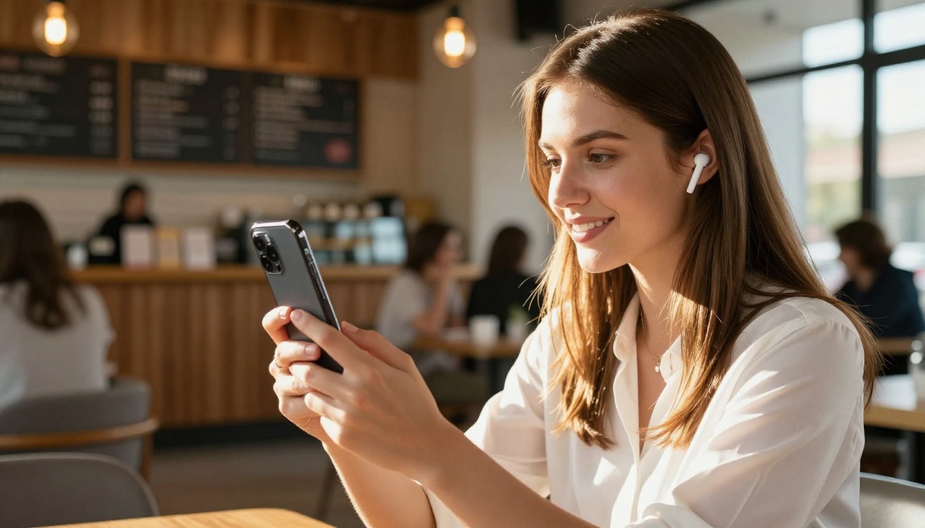 Stylish woman watching AI video on smartphone with earbuds in a warm modern cafe bathed in afternoon light Stylish woman watching AI video on smartphone with earbuds in a warm modern cafe bathed in afternoon light