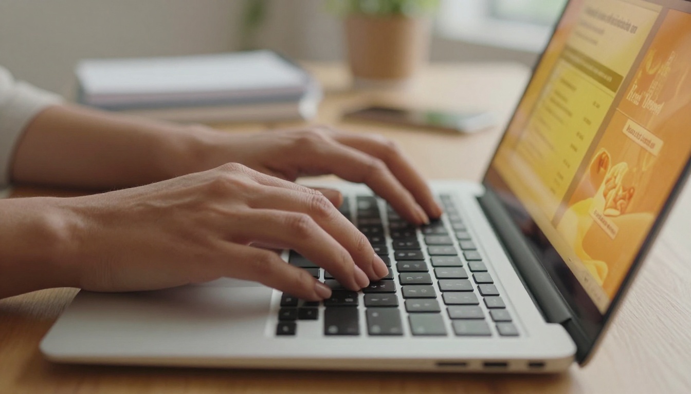 Hands typing a marketing prompt on a laptop with AI-generated imagery on screen