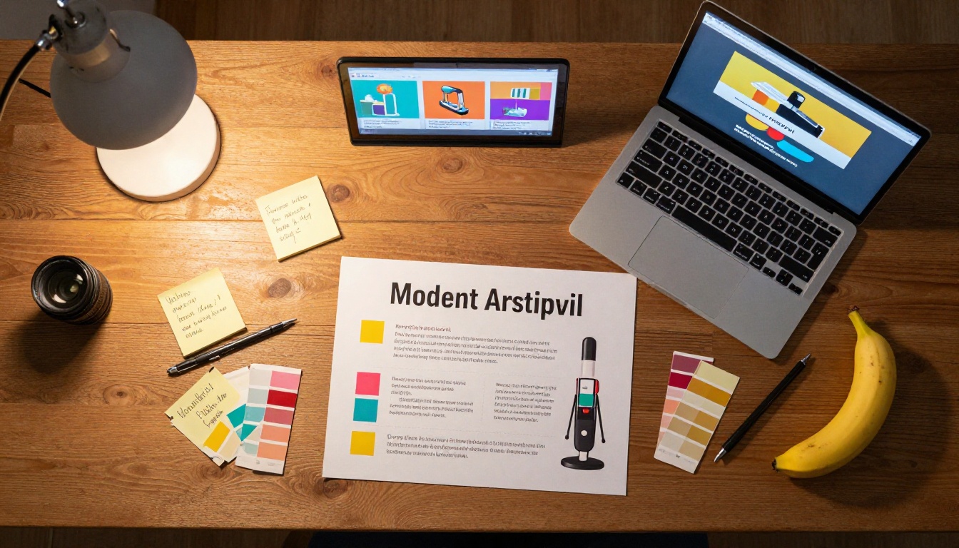 Aerial view of a creative marketing workspace with printed ad proofs and color swatches