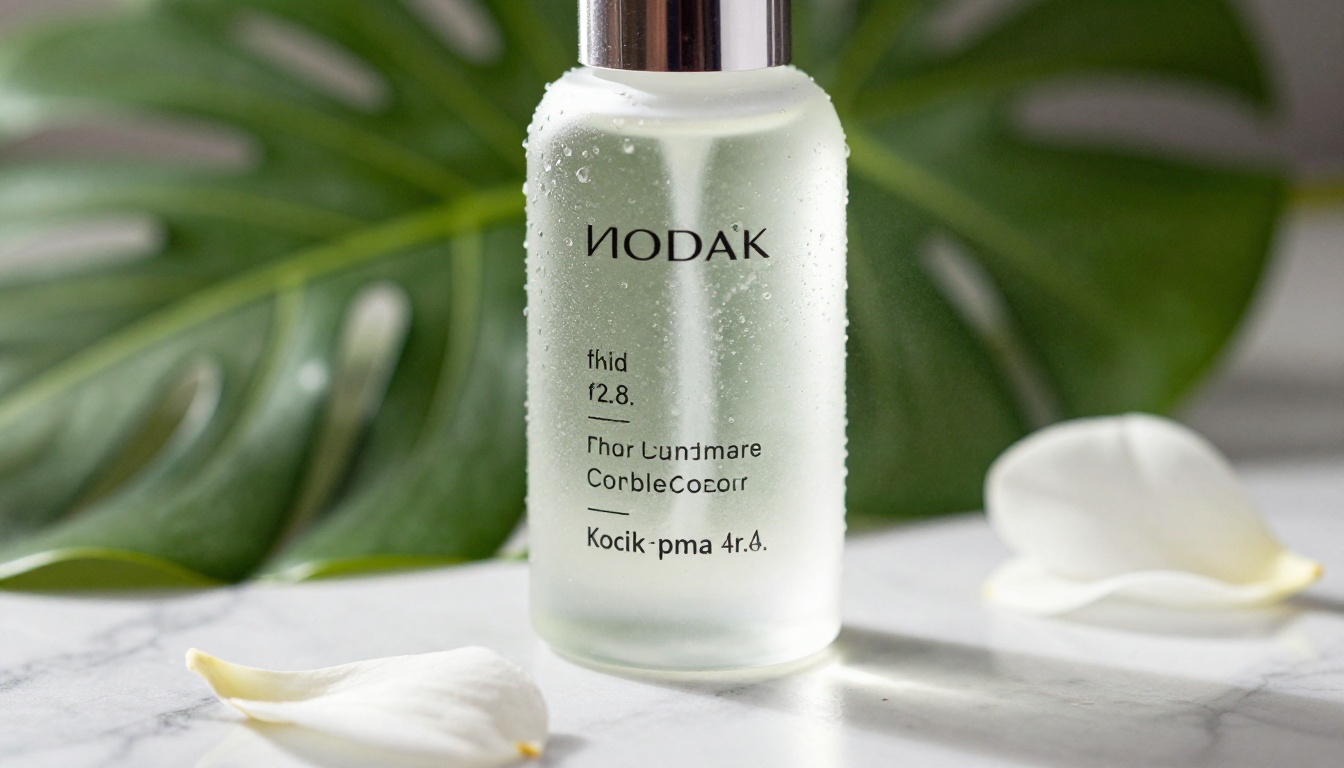 Macro product photography of a skincare bottle on marble with tropical foliage