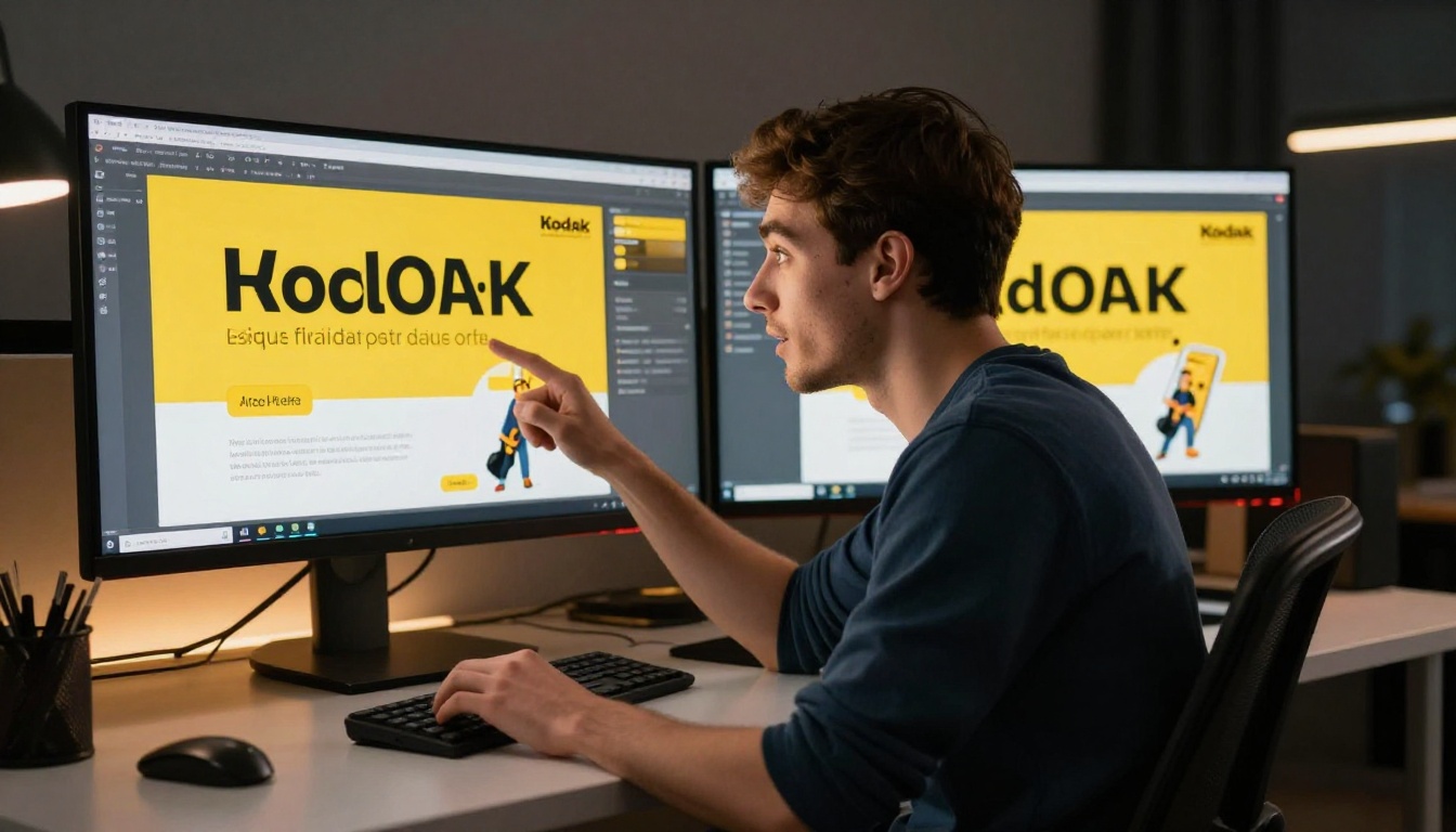 Graphic designer reviewing AI-generated marketing banners on dual monitors