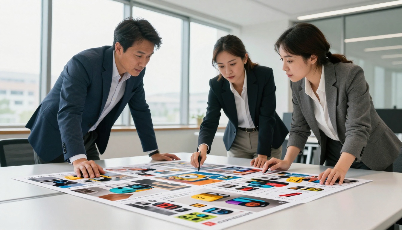 Two marketing professionals reviewing printed AI-generated campaign materials