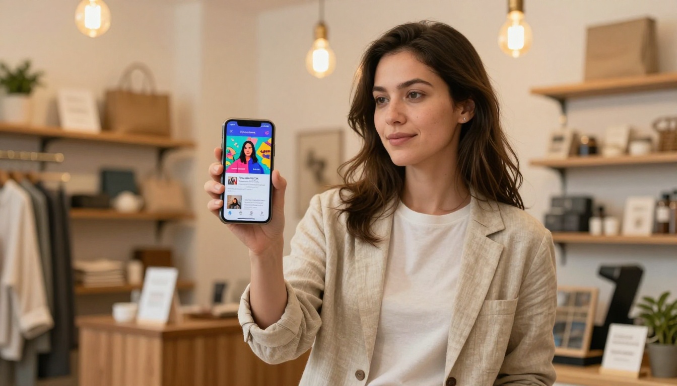 Small business owner in her boutique holding a smartphone with AI-generated product ads