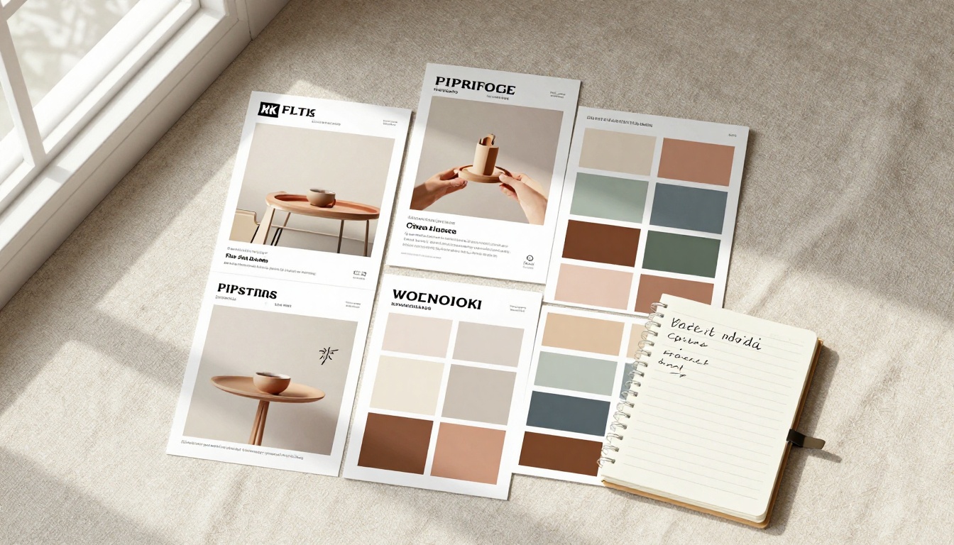 Flat lay of printed marketing campaign materials on a linen surface
