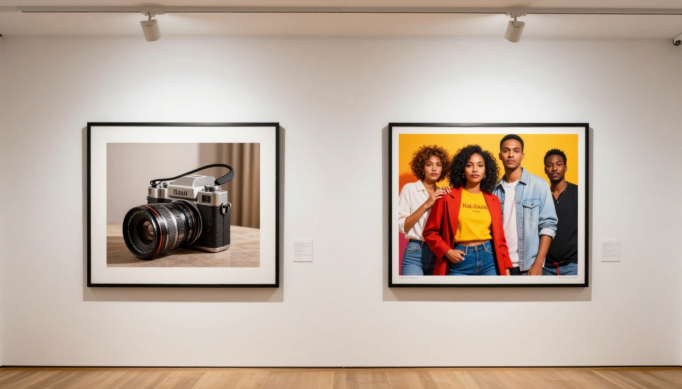 Two framed high-quality AI-generated marketing prints displayed on a white gallery wall