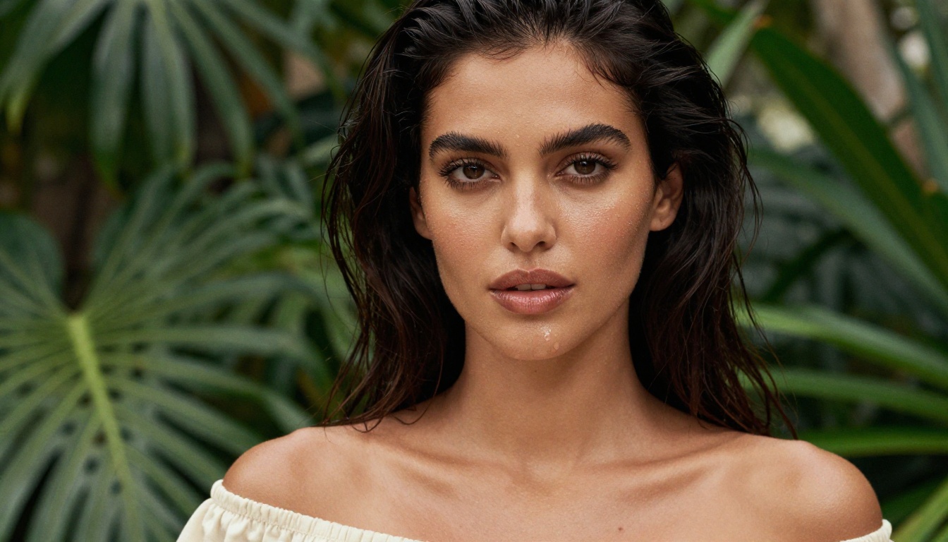 Suggestive close-up portrait of a woman at a tropical location