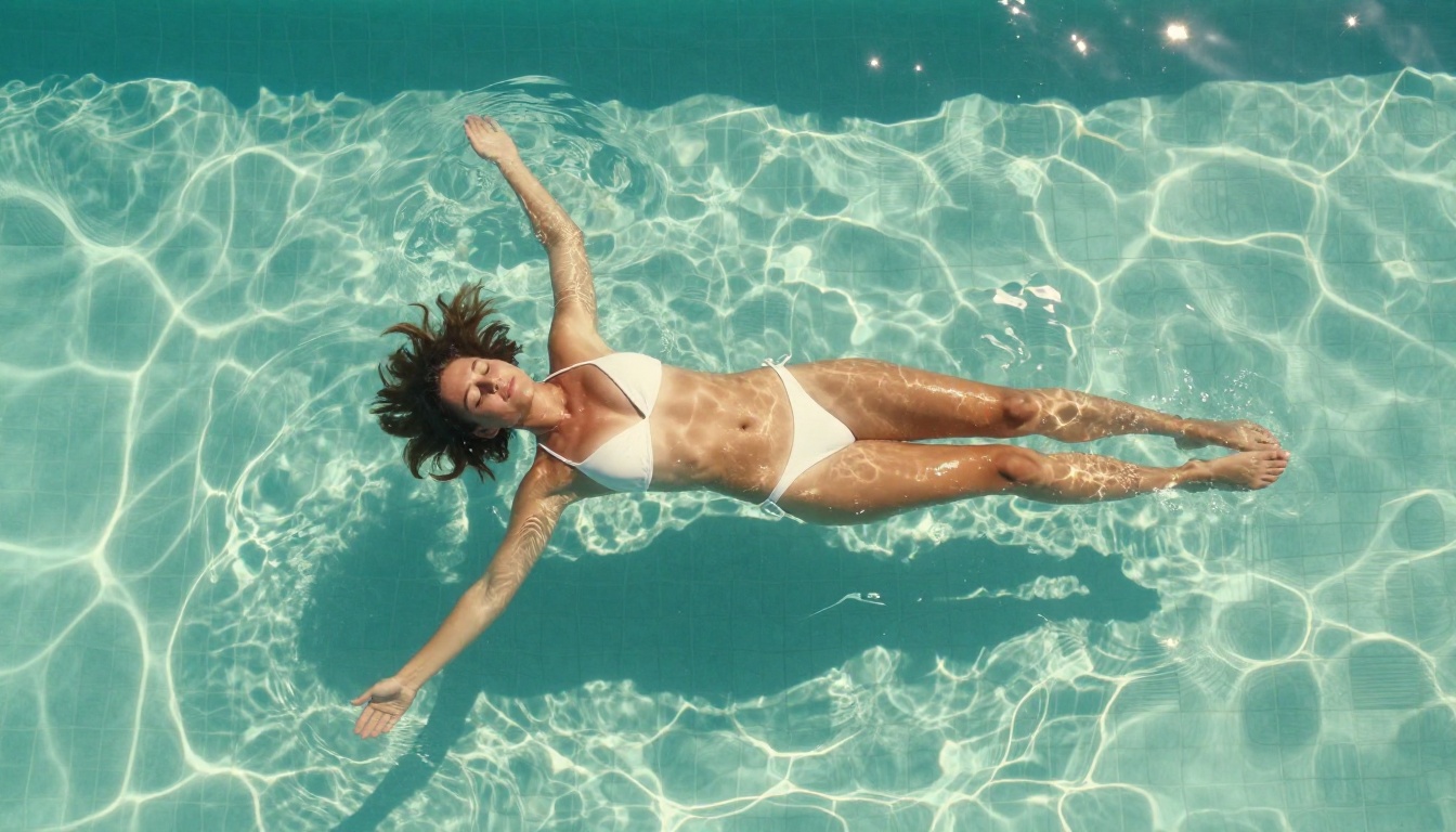 Woman floating in a turquoise infinity pool seen from directly above