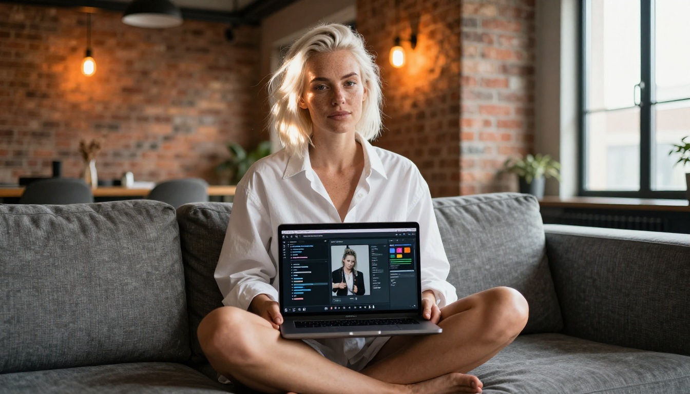 AI video creator working with platform interface on laptop AI video creator working with platform interface on laptop