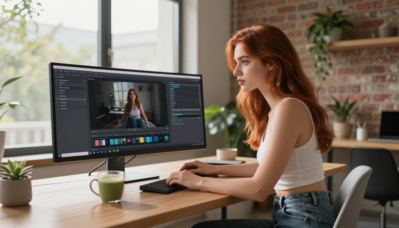 Woman using AI video generation platform on her computer