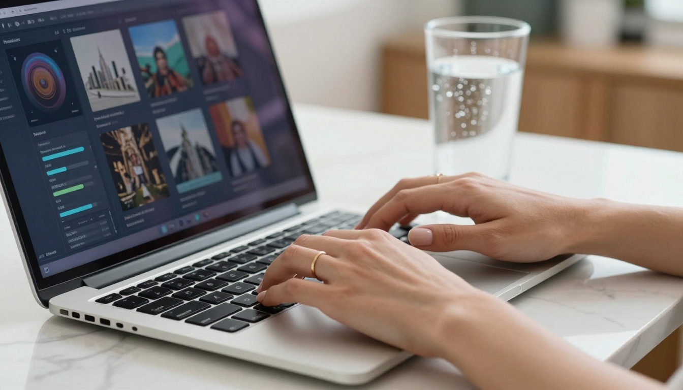 Close-up hands typing on laptop with AI generation interface visible on screen