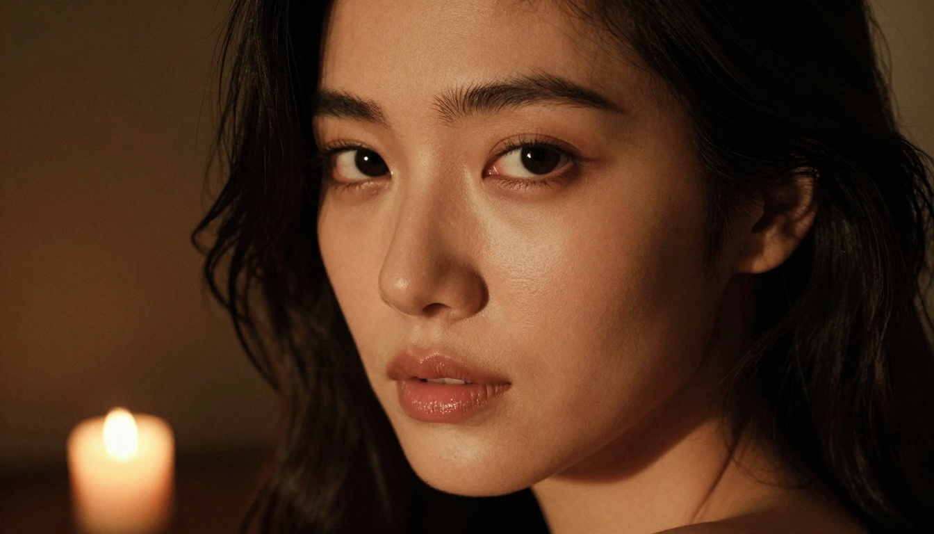 Close-up portrait of a woman in a dimly lit room with warm candlelight shadows
