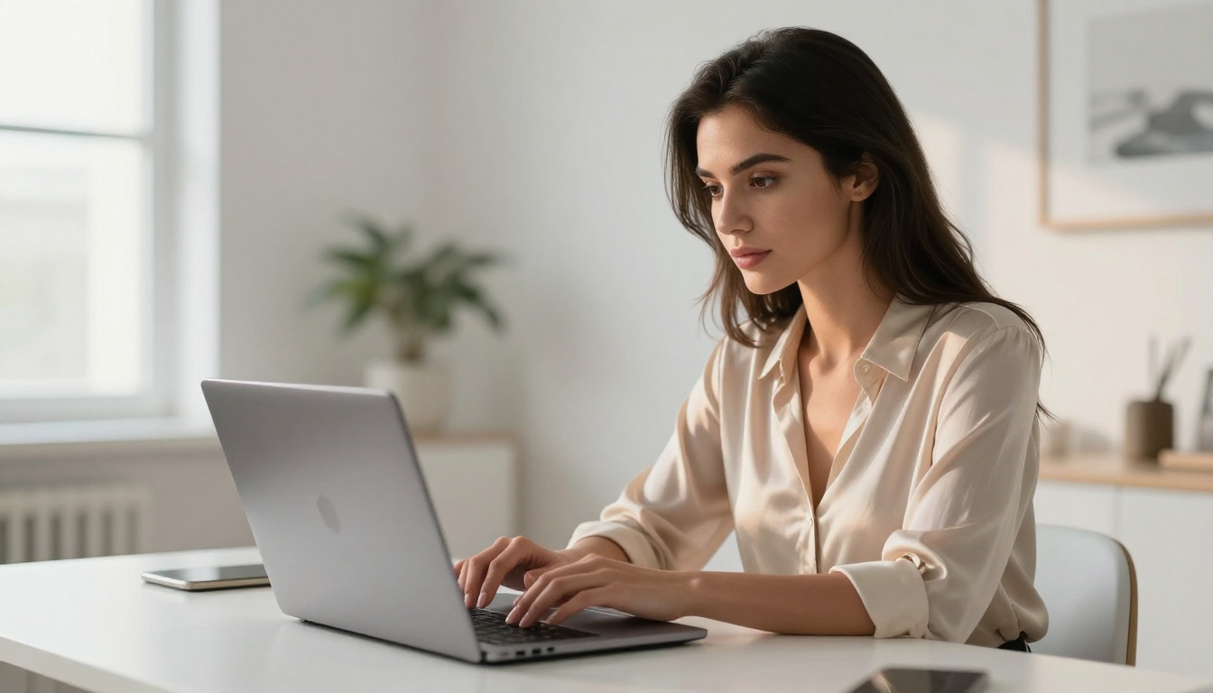 Woman using AI creative tools on laptop in minimalist home office setting