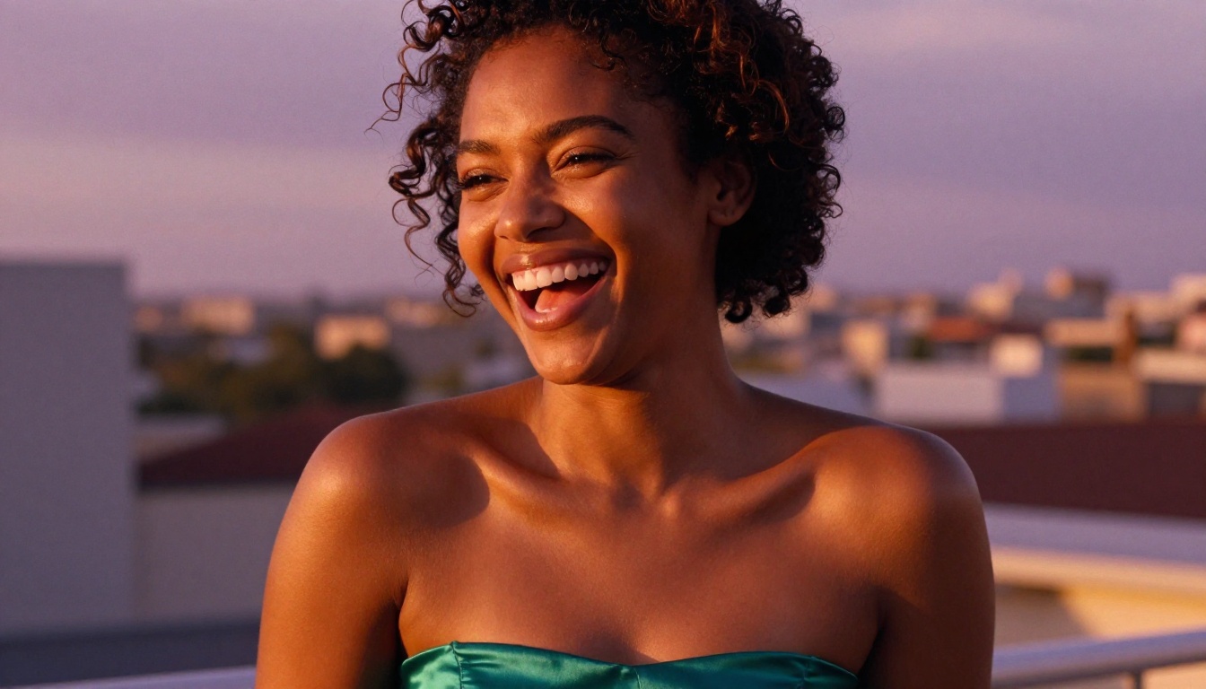 Beautiful woman with natural coiled hair laughing at golden hour on rooftop