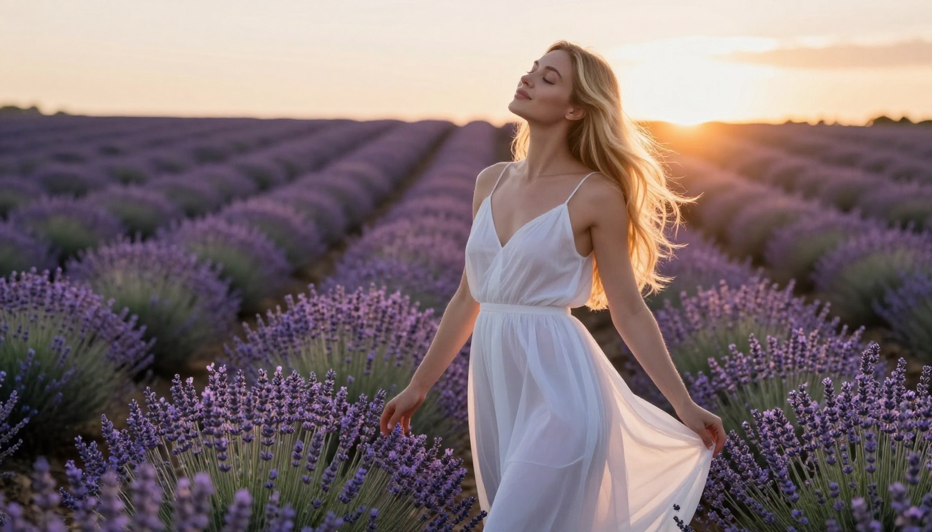 Beautiful woman in a white sundress standing in a lavender field at dusk with golden hour backlighting