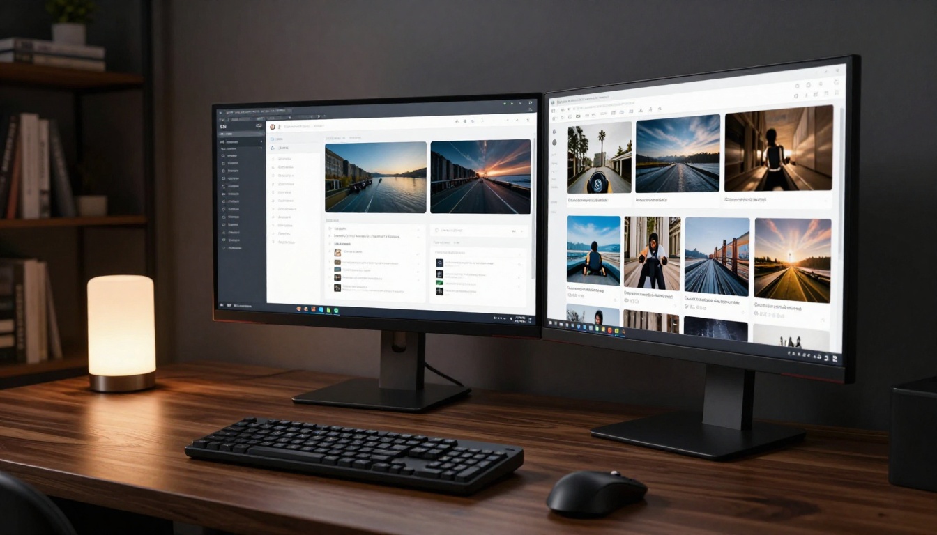 Sleek desktop setup with AI video generation dual monitor interface Sleek desktop setup with AI video generation dual monitor interface