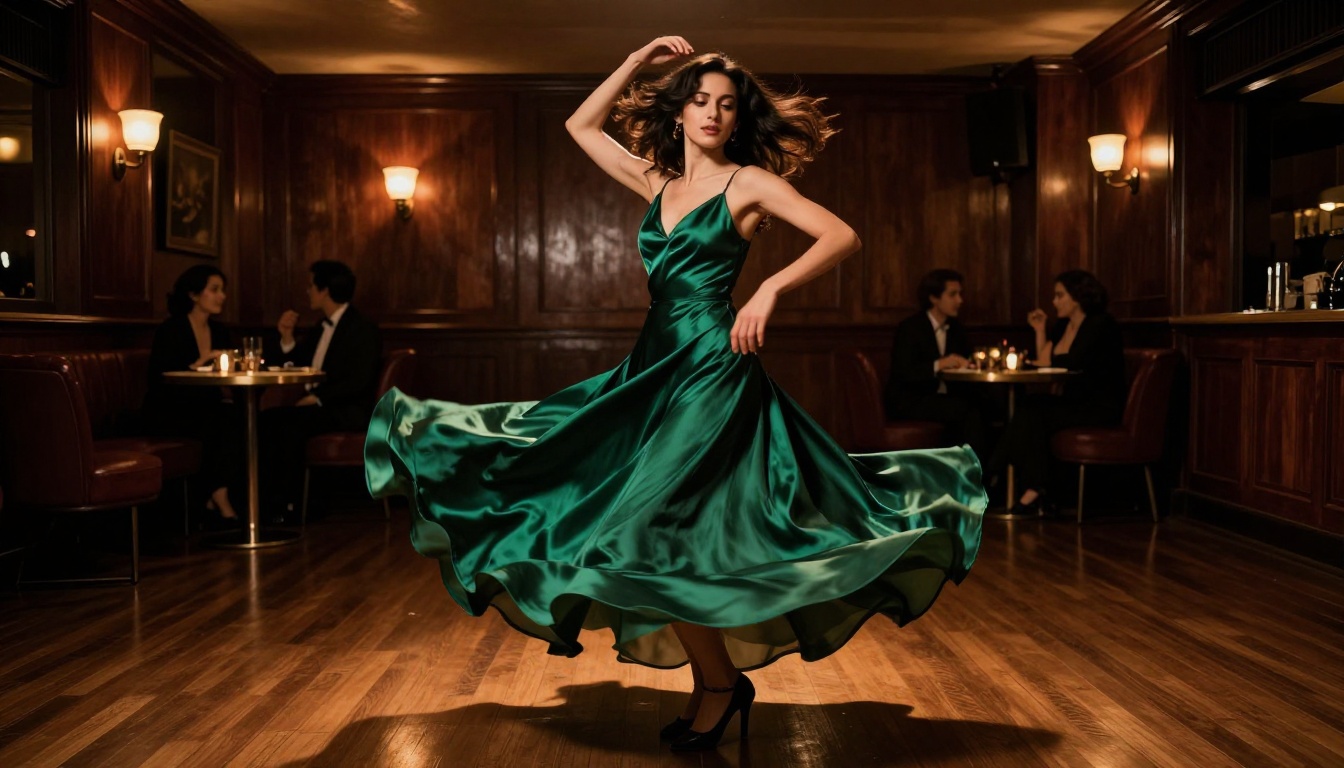 A beautiful woman in an emerald silk dress dancing in an upscale jazz lounge, motion blur on dress hem, tungsten spotlights, cinematic film noir atmosphere A beautiful woman in an emerald silk dress dancing in an upscale jazz lounge, motion blur on dress hem, tungsten spotlights, cinematic film noir atmosphere