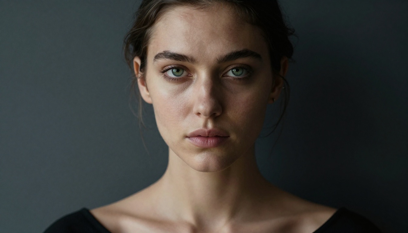 Dramatic close-up split-lighting portrait of a woman, photorealistic studio photography