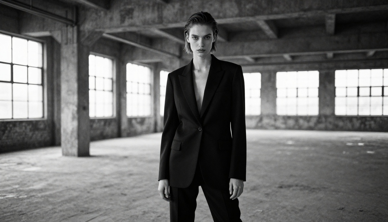 High-contrast black and white fashion editorial photograph of a model in an industrial warehouse High-contrast black and white fashion editorial photograph of a model in an industrial warehouse