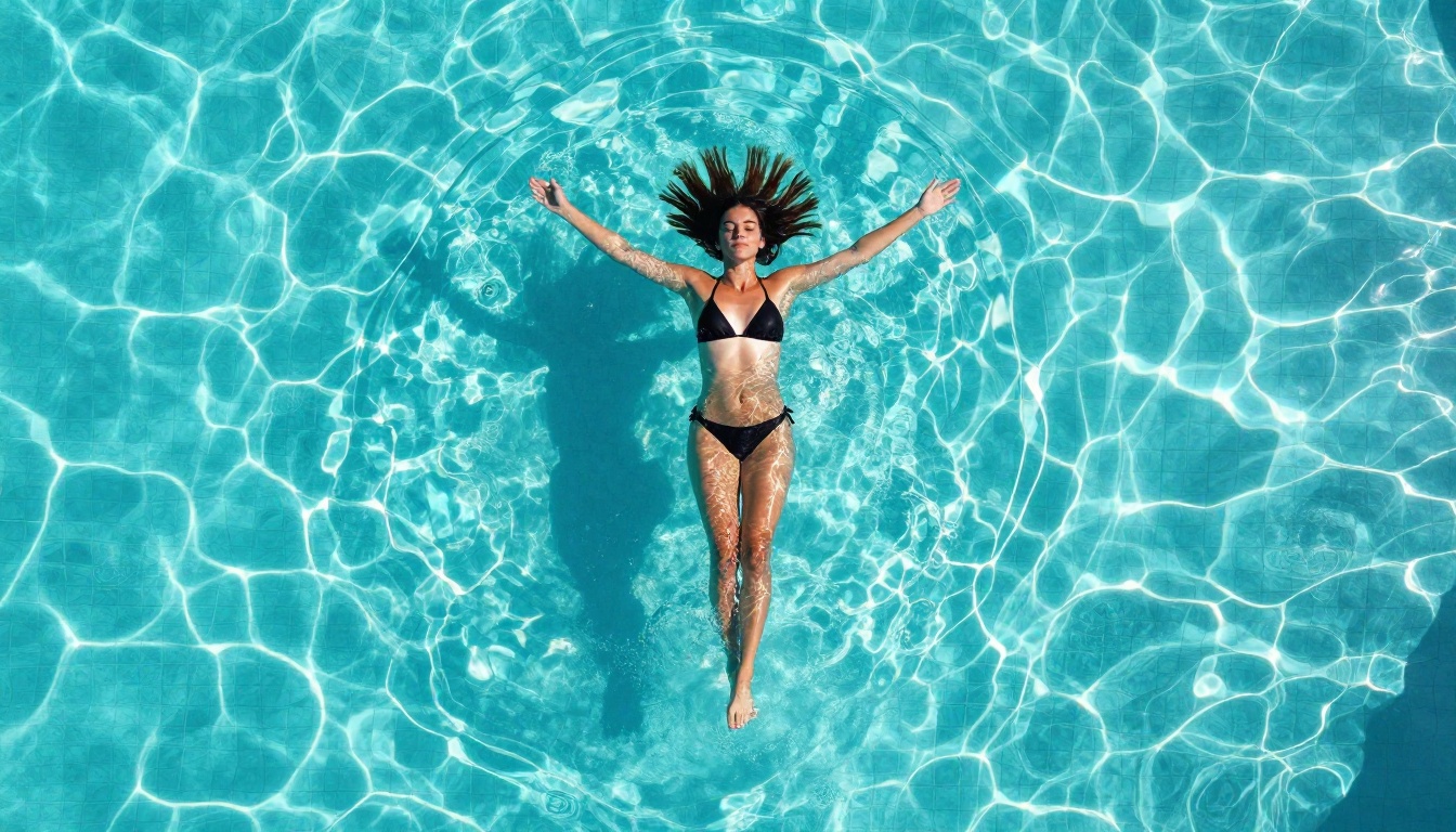 Aerial overhead drone shot of a beautiful woman floating in a turquoise pool, arms outstretched, top-down composition, vibrant aquamarine colors, Kodak Ektar 100 Aerial overhead drone shot of a beautiful woman floating in a turquoise pool, arms outstretched, top-down composition, vibrant aquamarine colors, Kodak Ektar 100