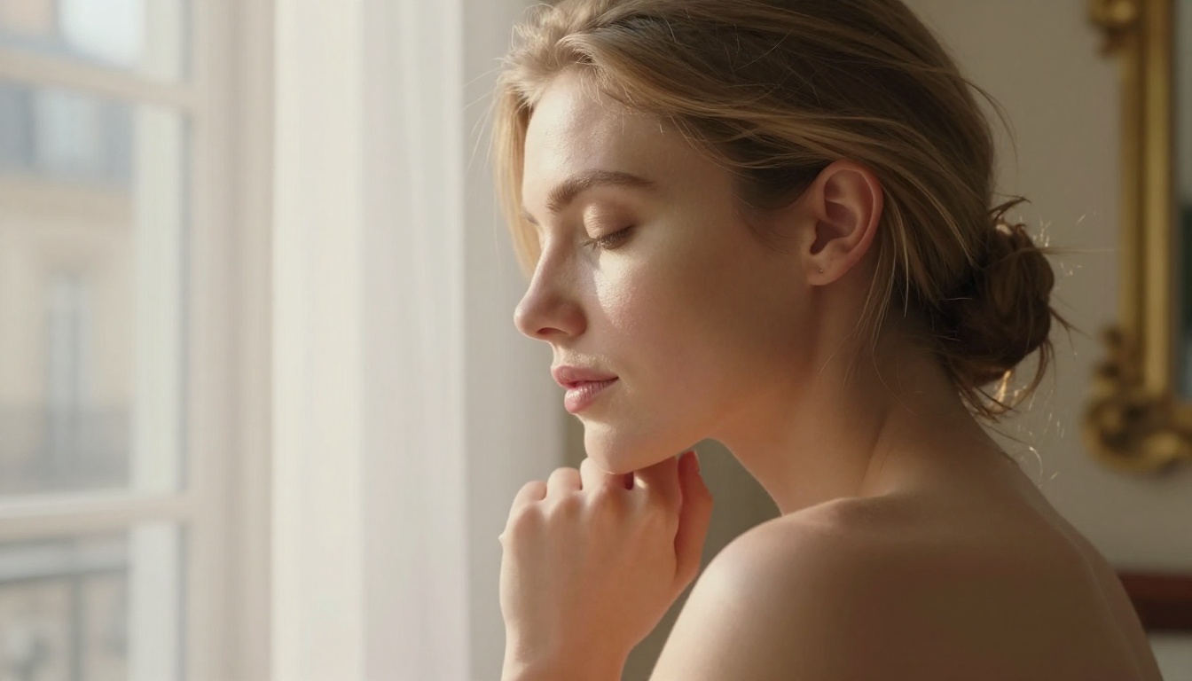 Intimate close-up side profile portrait, soft morning window light, Leica Q3, peachy skin tones, artistic editorial portraiture Intimate close-up side profile portrait, soft morning window light, Leica Q3, peachy skin tones, artistic editorial portraiture
