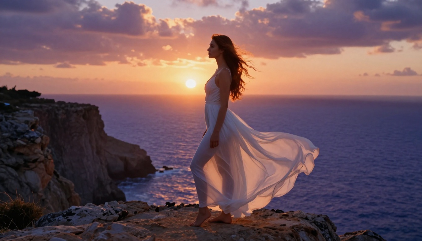 Woman in sheer billowing white maxi dress on coastal cliff at magic hour, dramatic backlit silhouette against orange sunset and dramatic ocean clouds