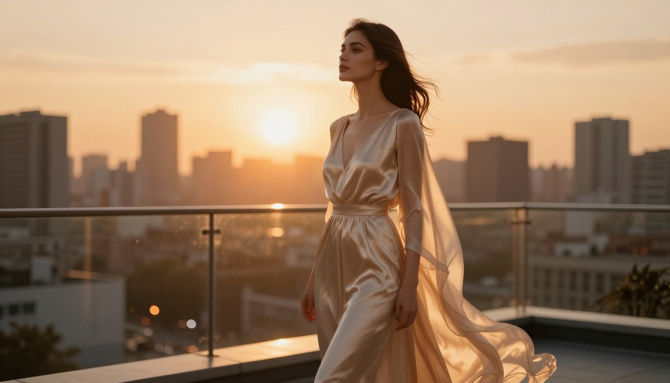 Woman in flowing champagne silk dress on a rooftop terrace at golden hour with city bokeh