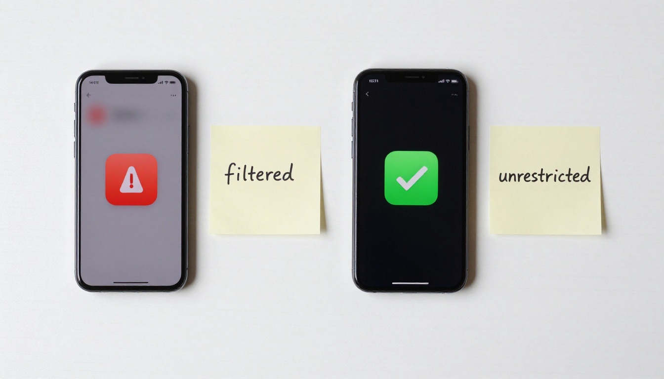 Comparison of filtered vs unrestricted AI output on two smartphones, flat-lay product shot Comparison of filtered vs unrestricted AI output on two smartphones, flat-lay product shot