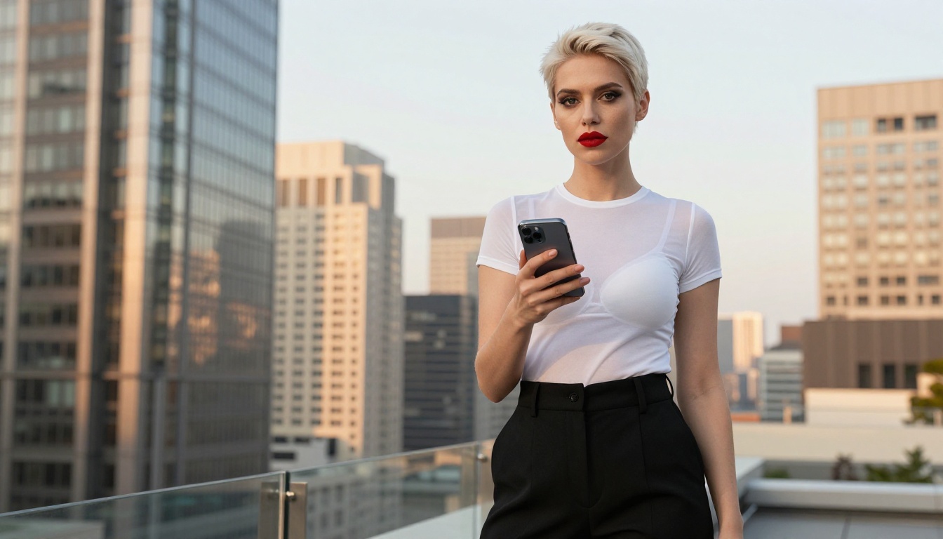 Low-angle upward shot of confident woman with platinum blonde hair on urban rooftop, city skyline behind, dramatic sky