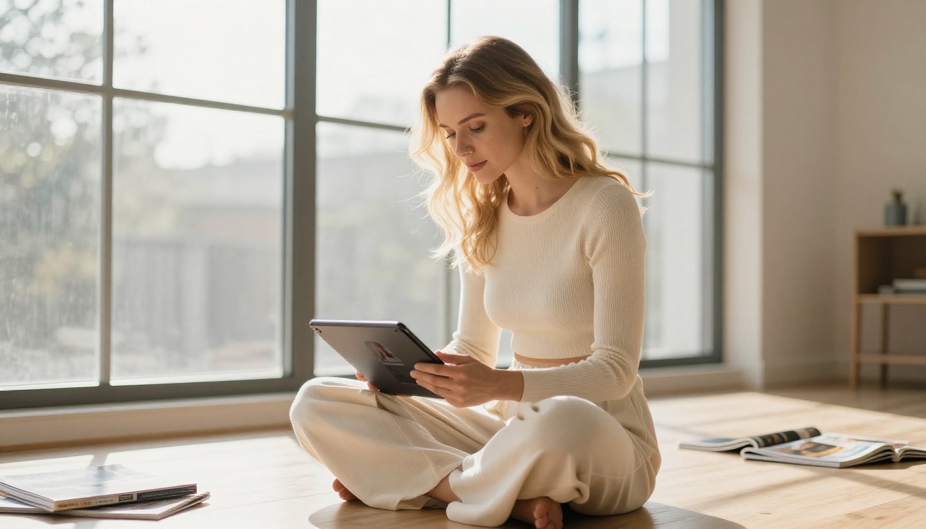 Woman in cream knit outfit scrolling AI-generated video thumbnails on tablet