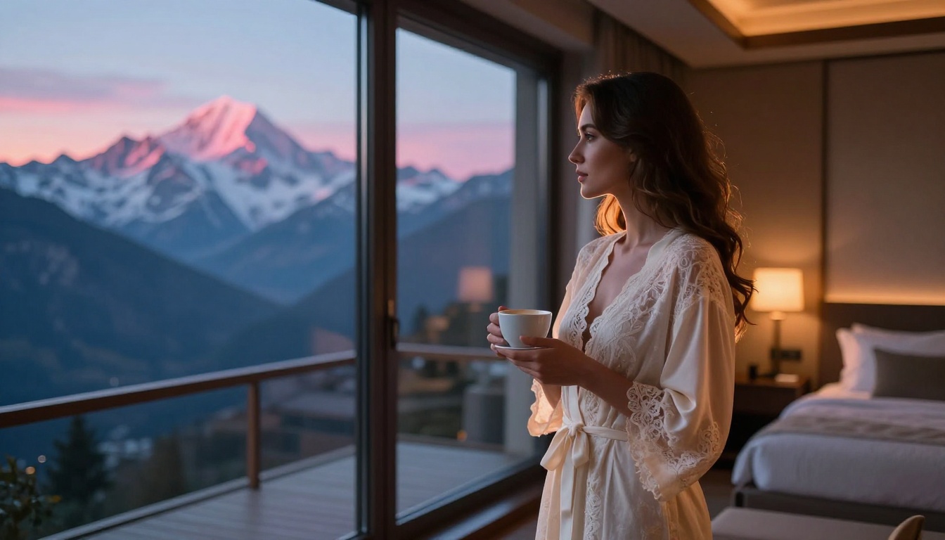 A beautiful woman in an ivory lace robe at a floor-to-ceiling hotel window, mountain landscape at dawn, luxury lifestyle photography, Kodak Portra 160 A beautiful woman in an ivory lace robe at a floor-to-ceiling hotel window, mountain landscape at dawn, luxury lifestyle photography, Kodak Portra 160