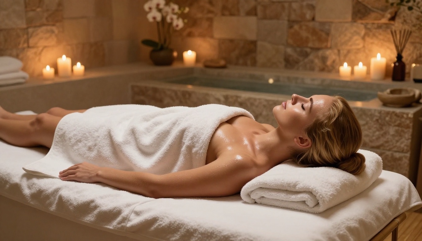 High-end spa interior with woman relaxing, warm candlelight and orchid decorations High-end spa interior with woman relaxing, warm candlelight and orchid decorations