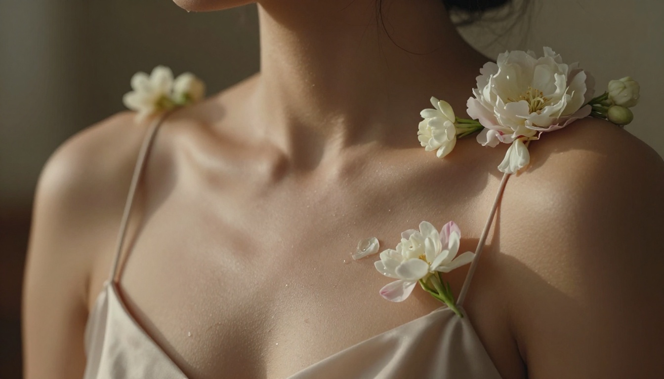 Artistic macro close-up of woman's brown skin collarbone and bare shoulder adorned with white jasmine and pale pink peonies, warm side-lighting with water droplets on petals