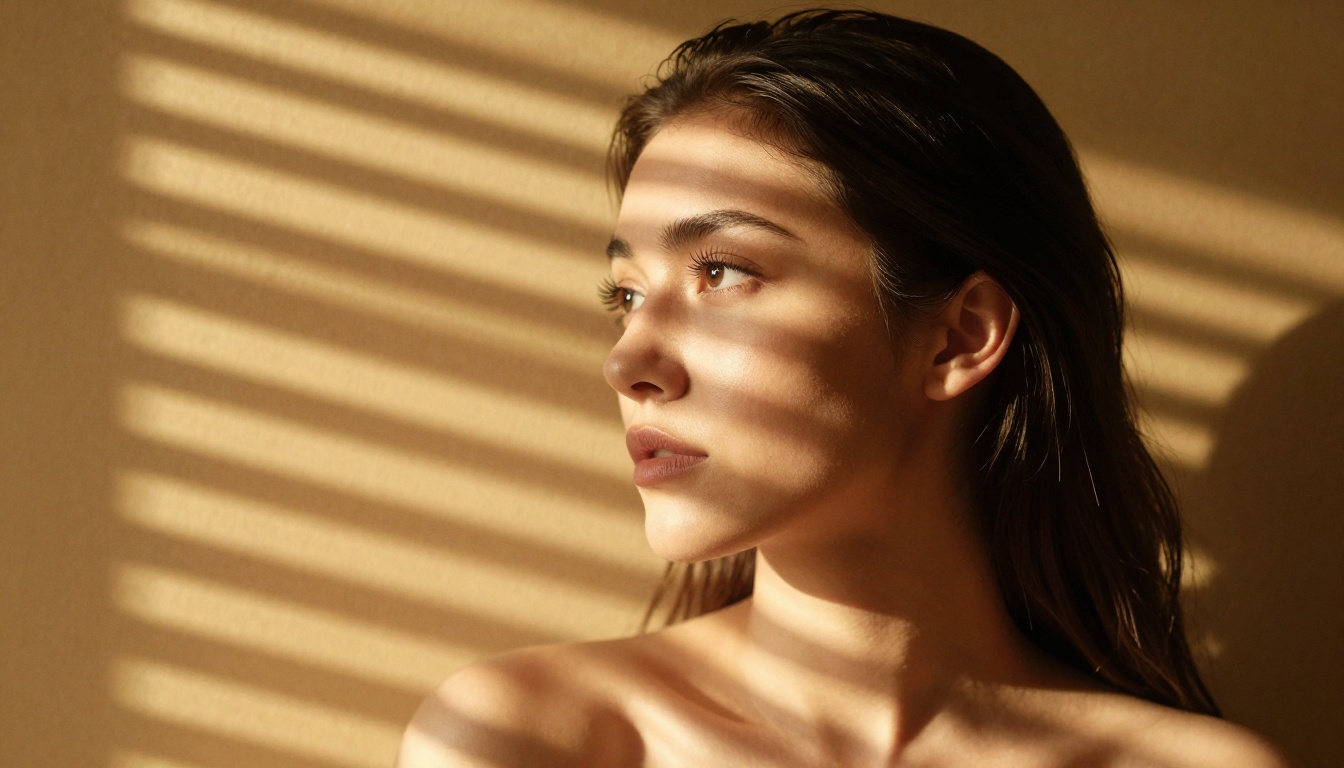 Artistic profile portrait of a woman with geometric window blind shadows across her bare shoulders