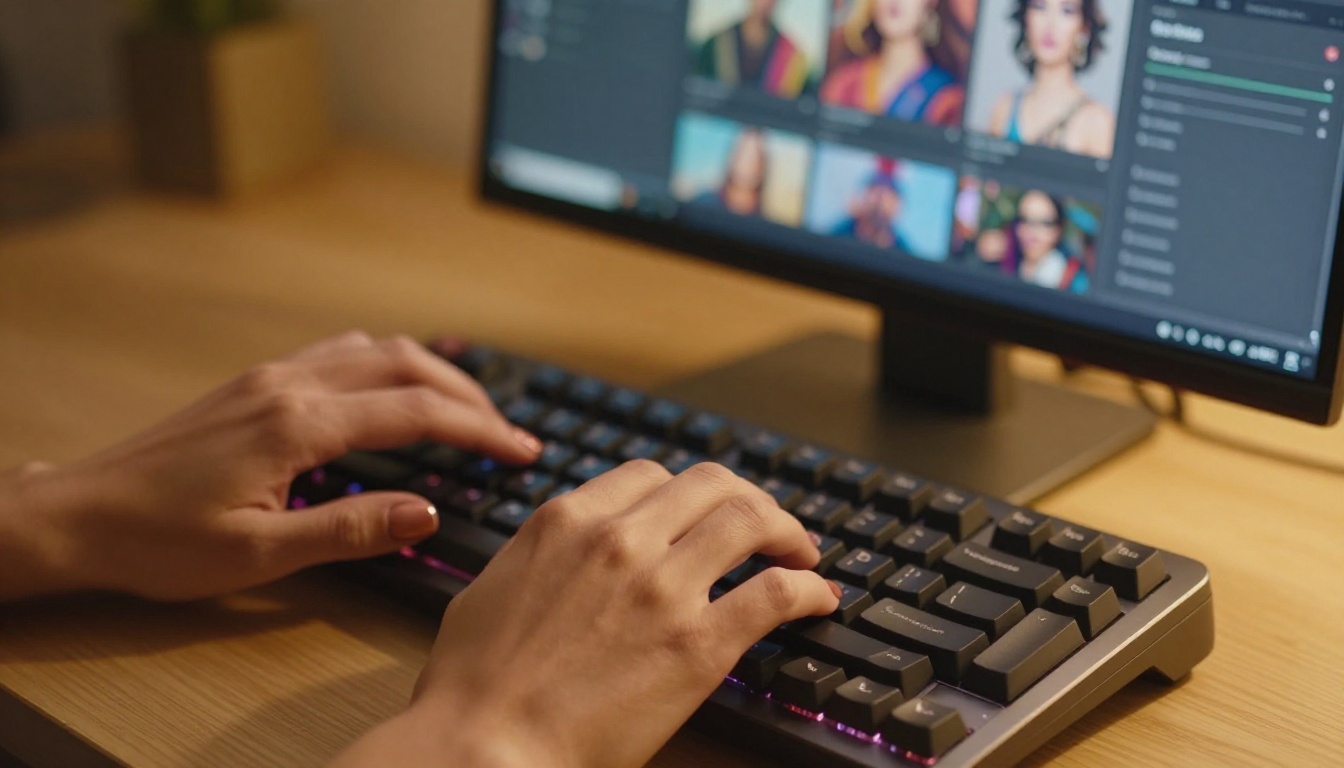 Close-up of hands with rose gold nails typing on backlit keyboard with AI art interface visible on monitor