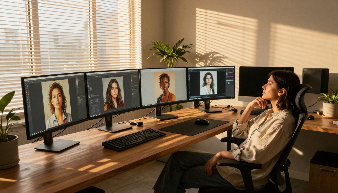 Creative workspace with AI art displayed across multiple monitors in warm afternoon light